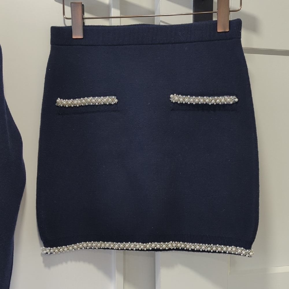 Navy Blue Cardigan and Slip Skirt Set with White Beaded Trim Details Size Medium - Picture 3 of 11